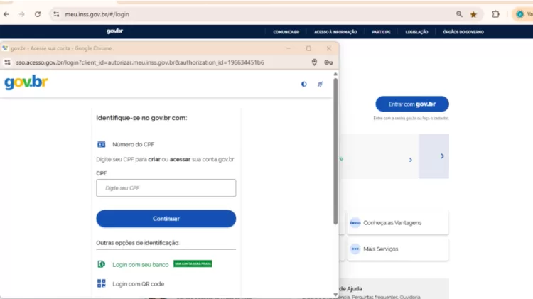 Acesse o aplicativo ou site Meu INSS e entre com seu CPF e senha do gov.br;